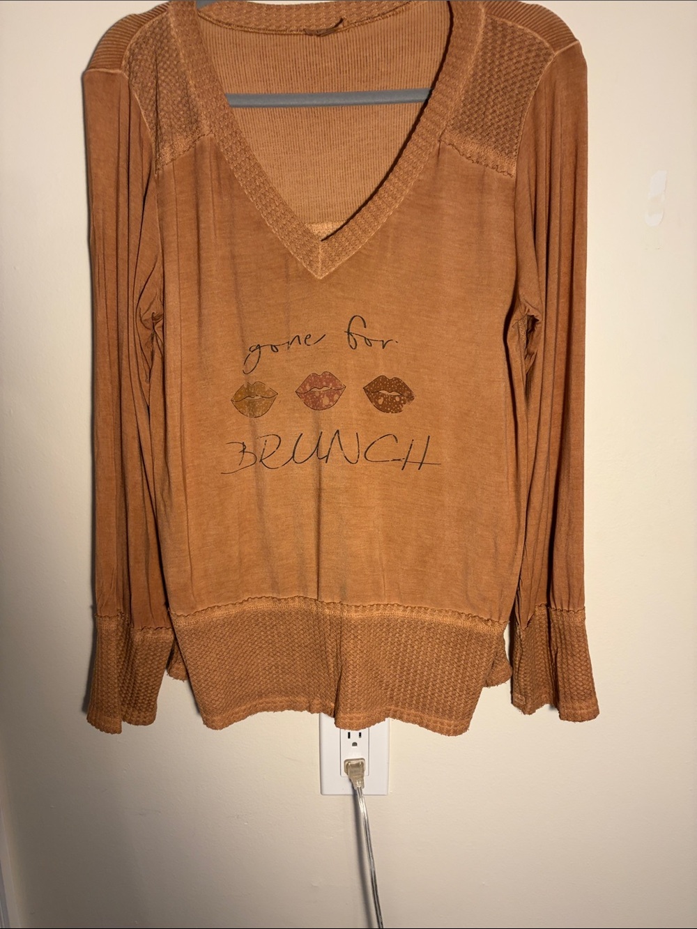 POL Brown V-Neck 'Gone for Brunch' Long Sleeve Top